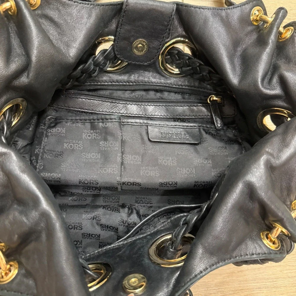 Michael Kors Black Leather Braided Hobo Shoulder Bag Gold Hardware Tassel Large